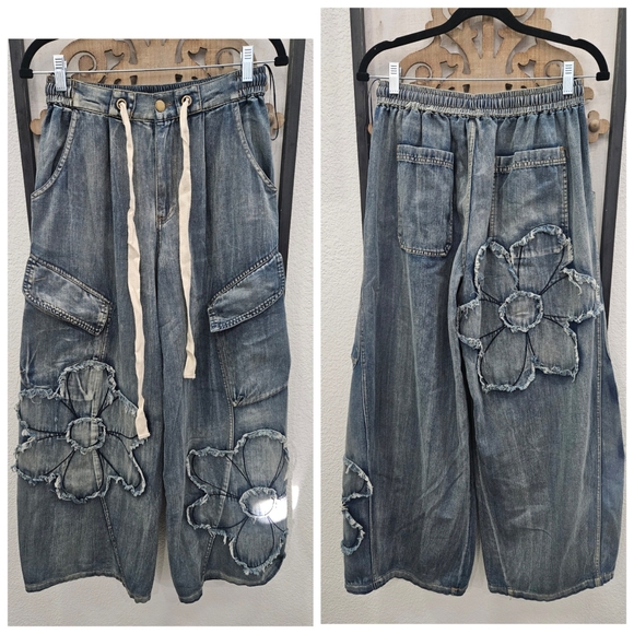 SOLD OUT! Boho Denim Wide Leg with Floral Patchwork - Picture 2 of 6